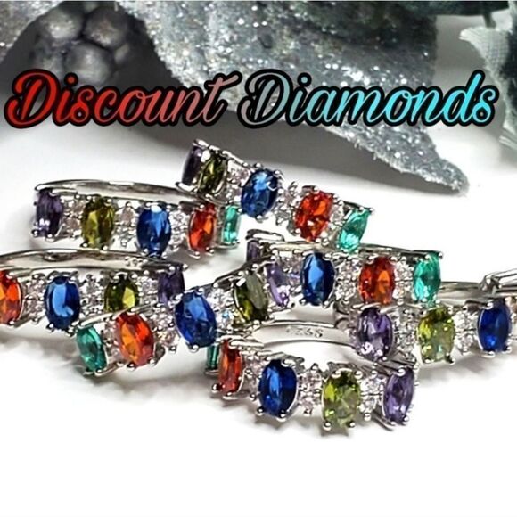 14K White Gold on 925 Multi Color Oval Cut Sapphire Cocktail Ring Women's - Picture 9 of 9